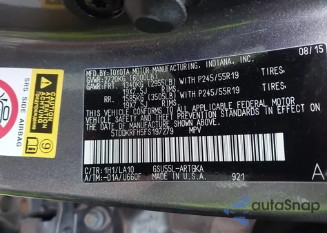 2015 Toyota Highlander Limited V6 z USA, uszkodzony, nr VIN 5TDDKRFH5FS197279